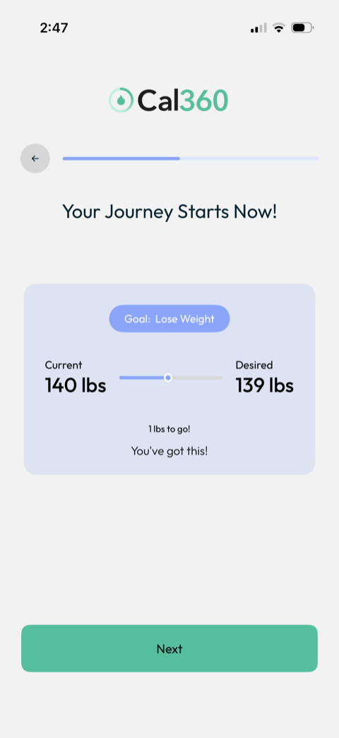 Cal360 weight loss goal screen showing current weight, desired weight, and lose weight goal