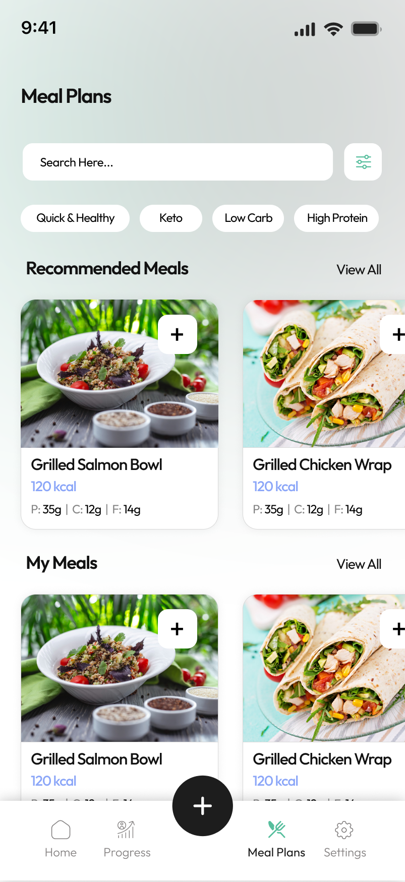 Cal360 meal plans screen showing recommended meals and diet filters