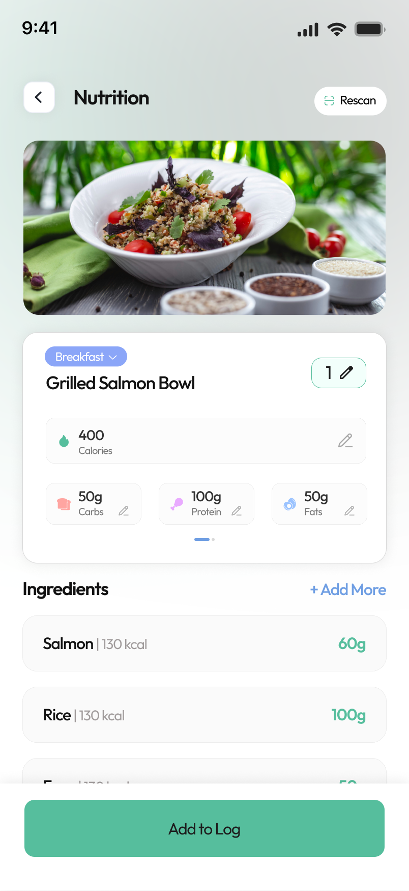 Cal360 food scan result showing Grilled Salmon Bowl with 400 calories, macros, and ingredients