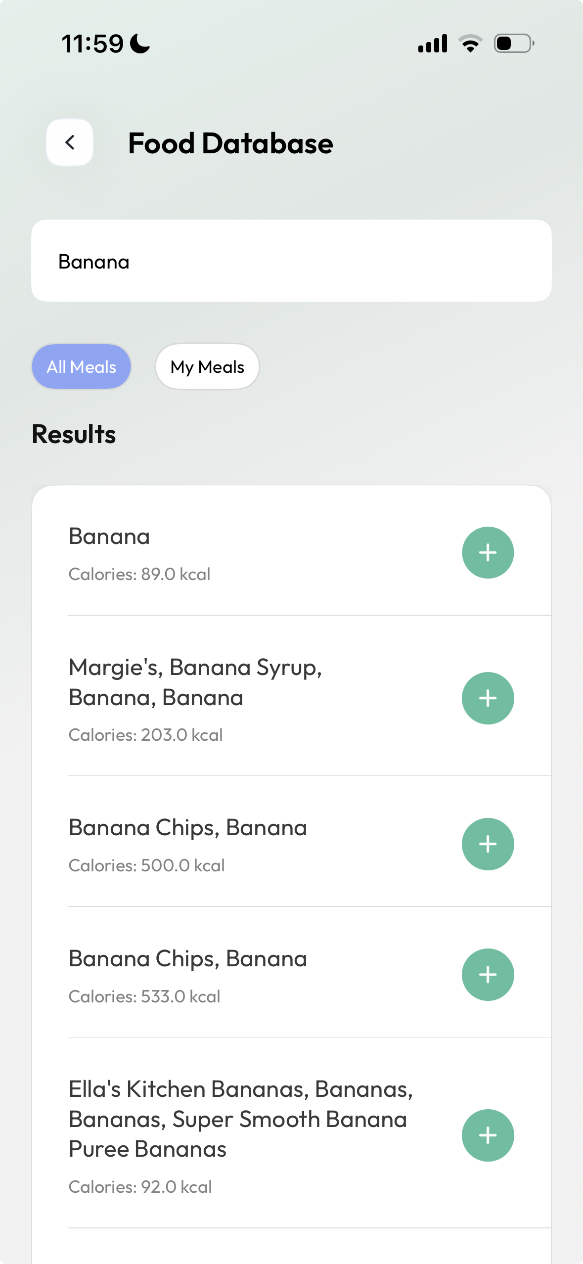 Cal360 food database search screen showing banana search results with calorie counts