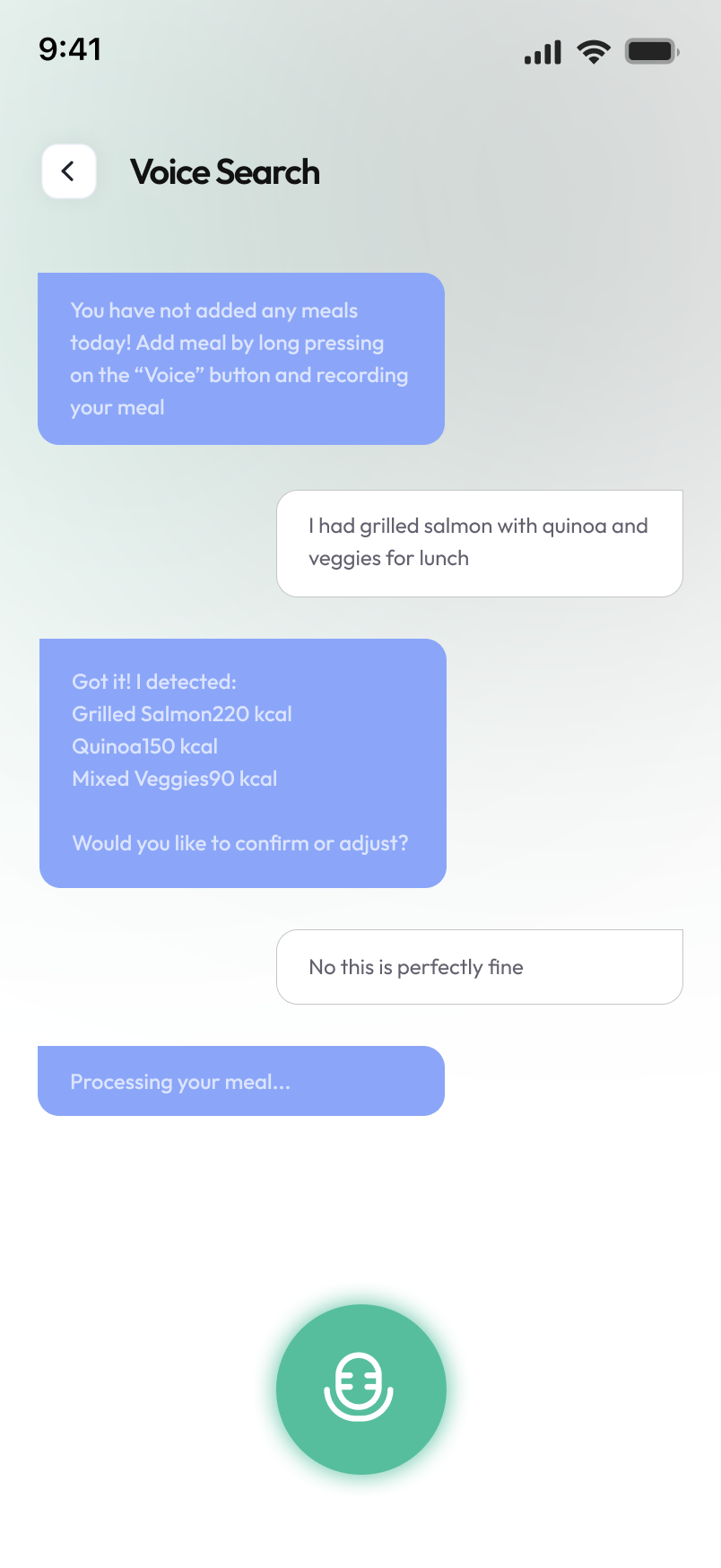 Cal360 voice search screen showing a conversation logging grilled salmon with quinoa